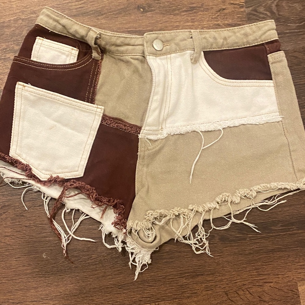 SHEIN Patchwork Jean Shorts in Cream and Brown